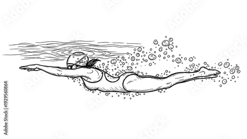 woman swimming underwater with goggles and swimwear hand drawn black and white line art illustration