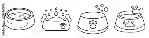 Four cartoon bowls of pet food and water in black and white