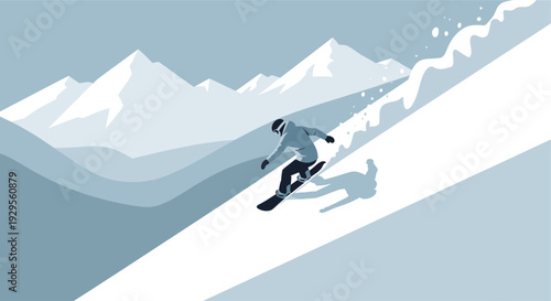 Illustration of a snowboarder riding downhill on a snowy mountain, creating a spray of snow, set against a backdrop of snow-capped peaks. Winter sport and adventure.