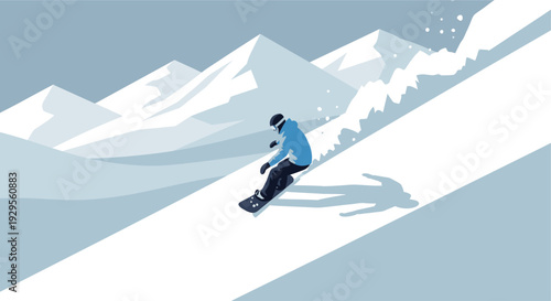 Vector illustration of snowboarder in action, carving down a snowy mountain slope on a sunny day, surrounded by tall peaks and fresh powder. Perfect for winter sports or travel concepts.