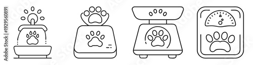 black and white line art illustration of pet food and scale