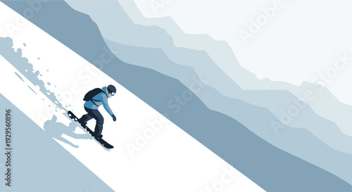 Stylish illustration of a snowboarder riding down a snow covered mountain with a backpack against layered blue mountains, conveying adventure and winter sports.