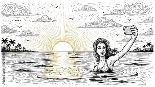 woman taking selfie in ocean water during sunset hand drawn line art illustration