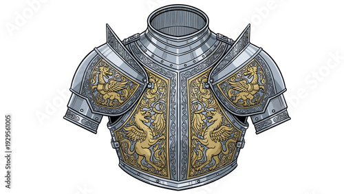 ornate medieval chest armor with hand drawn golden griffin and dragon decorations in vector style