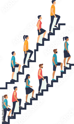 A group of diverse individuals climbs a dynamic staircase representing.