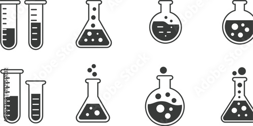 Laboratory Glassware Icons With Bubbles And Liquid On White Background Keywords: laboratory, science, experiment, research