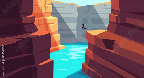 An illustration depicts a silhouetted person jumping off a cliff into a blue river with canyon walls, showcasing adventure, risk, and summer vacation destinations.