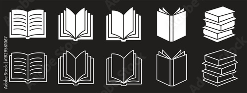 Minimalist line art book icon set featuring open textbooks and notebooks. Editable stroke