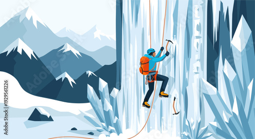 A vector illustration depicts a climber ascending a blue ice waterfall, complete with a backpack, ropes, and ice axes, set against a majestic snow-capped mountain backdrop.