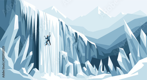 A lone ice climber ascends a steep, frozen waterfall with ice axes, set against a backdrop of majestic, jagged mountain peaks in varying shades of blue.