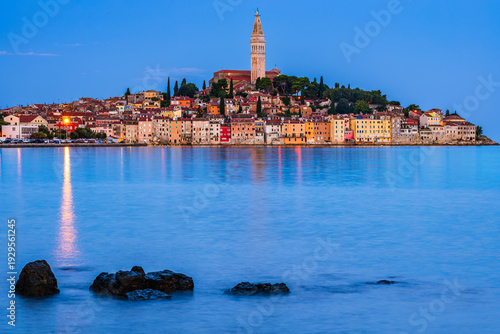 Bild auf Leinwand Coastline of Adriatic sea and The bell tower of Church of St