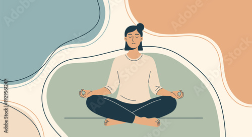 A serene person meditating in lotus position with abstract shapes around, viewed from the front in a calm environment
