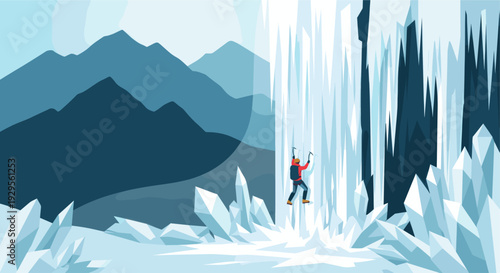 An illustration of a lone ice climber ascending a frozen waterfall, set against a stylized mountain range, creating a sense of adventure and cold, rugged beauty.