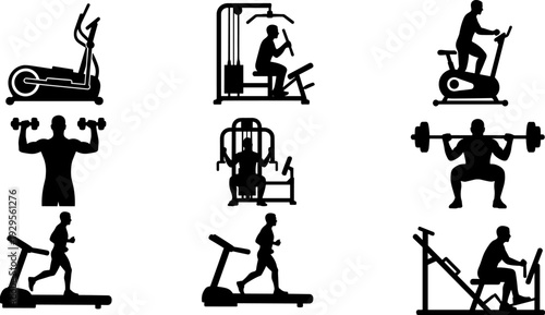 Gym workout silhouette set, people exercising on treadmill bike machine and weights isolated, fitness training concept, flat vector illustration