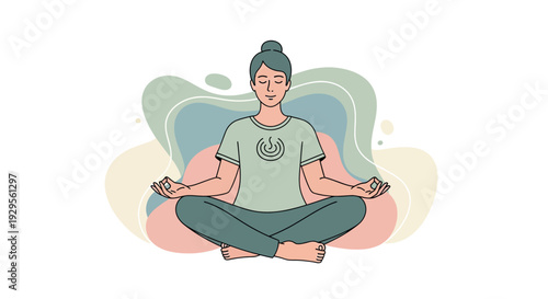 A serene woman meditating in a peaceful environment, lotus position, graphic illustration, calm surroundings, top view