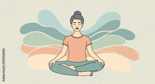 A serene person meditating in lotus position with abstract shapes surrounding, vector illustration, peaceful environment, calm viewpoint