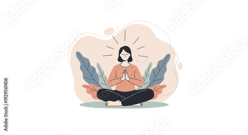 A serene woman meditating surrounded by leaves in a peaceful environment from a front viewpoint