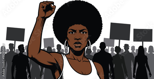 Black woman protest illustration with raised fist and crowd silhouettes civil rights empowerment vector art isolated background social justice conceptBlack woman protest illustration