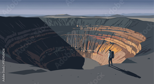 A stylized illustration features a hiker with backpack looking into a huge volcanic crater landscape, evoking adventure and exploration, with a color palette of blues, grays, oranges.