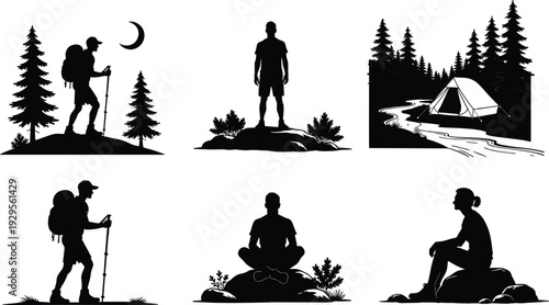 Black silhouette collection of hikers, campers, and mountain travelers including trekking with poles, camping by a river, meditation on rocks, and outdoor nature adventure.