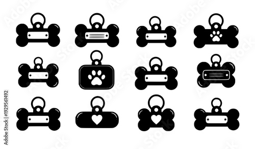 Dog bone pet ID tag cute vector icon set isolated on transparent background