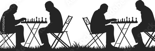 Black and white silhouette illustration of people playing chess outdoors on folding chairs and tables, strategic thinking, social interaction, and timeless board game concept