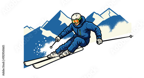 Dynamic illustration showing a skier in blue carving downhill with snowy mountains in the background, creating a sense of speed and adventure on the slopes.
