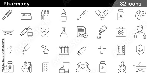 32 Pharmacy Icons Set Microscope, Blister Pack, Pill Bottle and Syringe Symbols in Professional Thin Line Style for Pharmaceutical and Medical