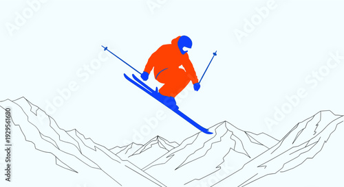 Bold, minimalist illustration of a skier jumping over a mountain range, in orange and blue, conveying a sense of adventure and the thrill of winter sports.
