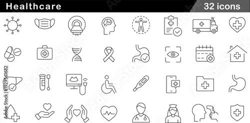 32 Healthcare Icons Set MRI Scanner, DNA, Medical Mask, Stethoscope and Anatomy Symbols in Professional Thin Line Style for Medical and Wellness