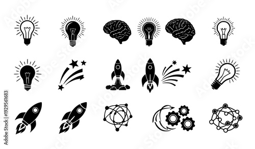 Idea creativity glyph icon set black vector isolated on transparent background