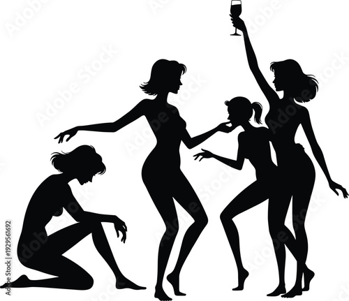 Black silhouette of a group of diverse women celebrating and dancing at a bachelorette party with wine glass and elegant expressive poses isolated on white