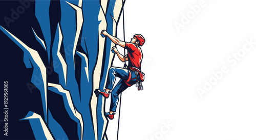 A stylized illustration of a rock climber with safety equipment ascending a steep blue cliff, conveying adventure, challenge, and outdoor activity, suitable for sports or recreation-themed designs.