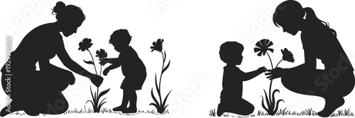 Black silhouette illustration of women and children interacting with flowers in grassy outdoor setting, caregiving, teaching, bonding, and nature appreciation concept art