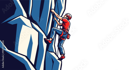 An illustration of a rock climber scaling a blue and white cliff face. The climber is wearing safety gear and is demonstrating strength and determination.