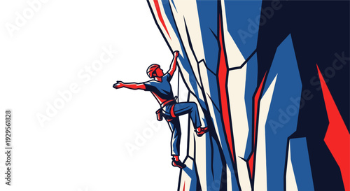Graphic illustration of a rock climber in red, white, and blue, scaling a steep cliff face; conveys adventure, challenge, and determination. Ideal for posters and promotional materials.