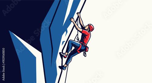 Dynamic vector illustration featuring a rock climber ascending a blue rock face, rendered in bold colors and a modern, graphic style. Suitable for sports, adventure, and design concepts.