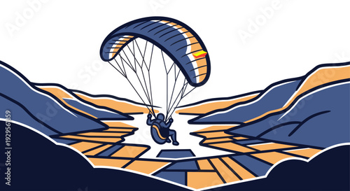 Stylized vector illustration of a paraglider floating above a geometric mountain valley, evoking a sense of adventure, freedom, and outdoor recreation.