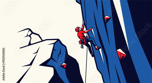 A stylized vector illustration of a man in red gear rock climbing a blue cliff face, showcasing the sport's challenge and adventure. Ideal for sports, adventure, and graphics.