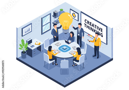 Isometric 3D vector illustration of team brainstorming ideas around table with lightbulb icons representing innovation, creativity and collaborative business strategy