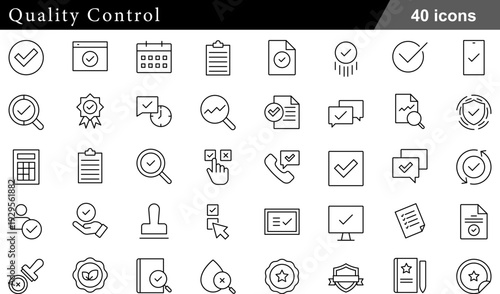 40 Quality Control Icons Set Checkmarks, Certification Badges, Audit Magnifiers and Compliance Symbols in Professional Thin Line Style