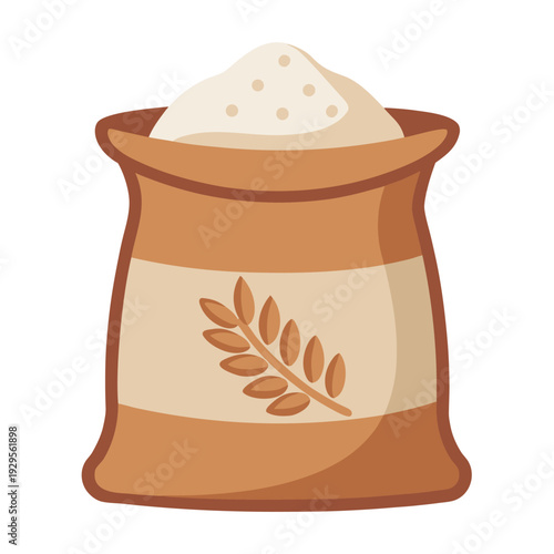 Classic white flour sack filled with grain featuring a wheat stalk symbol for baking and agriculture vector illustration