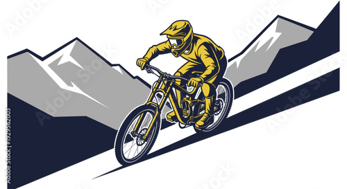 Stylized vector art of a downhill mountain biker speeding down a trail against a backdrop of mountains, perfect for extreme sports, adventure, or outdoor-themed designs.