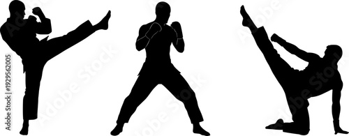 Martial arts and kickboxing silhouette set featuring high kicks and fighting stance isolated on white background illustration