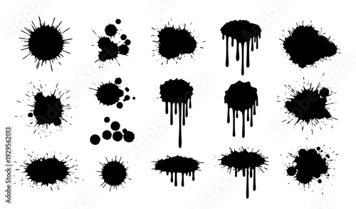 Layered grunge paint splashes and blots vector black isolated on transparent background