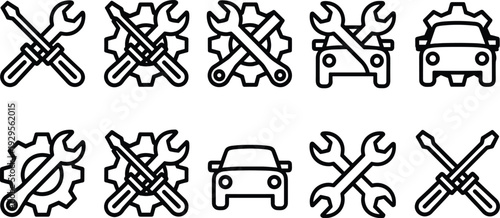 Car repair service icon set with wrench screwdriver gear symbols outline vector automotive maintenance collection isolated on white background