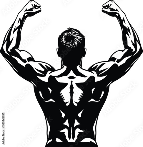 Muscular man flexing back silhouette, strong bodybuilder pose showing muscles definition isolated, fitness strength concept, flat vector illustration