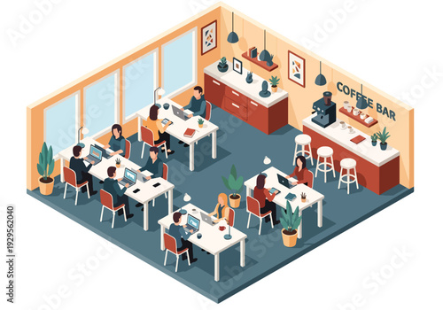 Isometric 3D vector illustration of coworking office with freelancers working and networking representing startup culture, collaboration and modern workspace lifestyle
