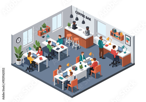 Isometric 3D vector illustration of coworking office with freelancers working and networking representing startup culture, collaboration and modern workspace lifestyle