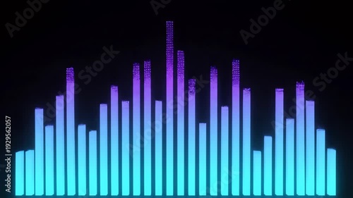 Audio Equalizer Visualizer Displaying Sound Waves with Glowing Blue and Purple Animated Bars on a Black Screen